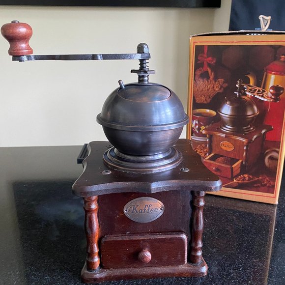 Kaffee Old Vtg Antique Wood Wooden Coffee Grinder With Drawer - Brown NEW in box - Picture 1 of 16